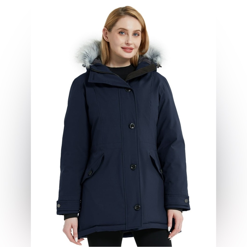 Wantdo Women's Navy Winter Jacket Parka with Faux Fur Hood, Size Large
